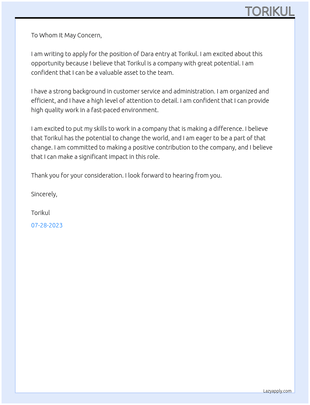Dara entry  At Torikul Cover Letter