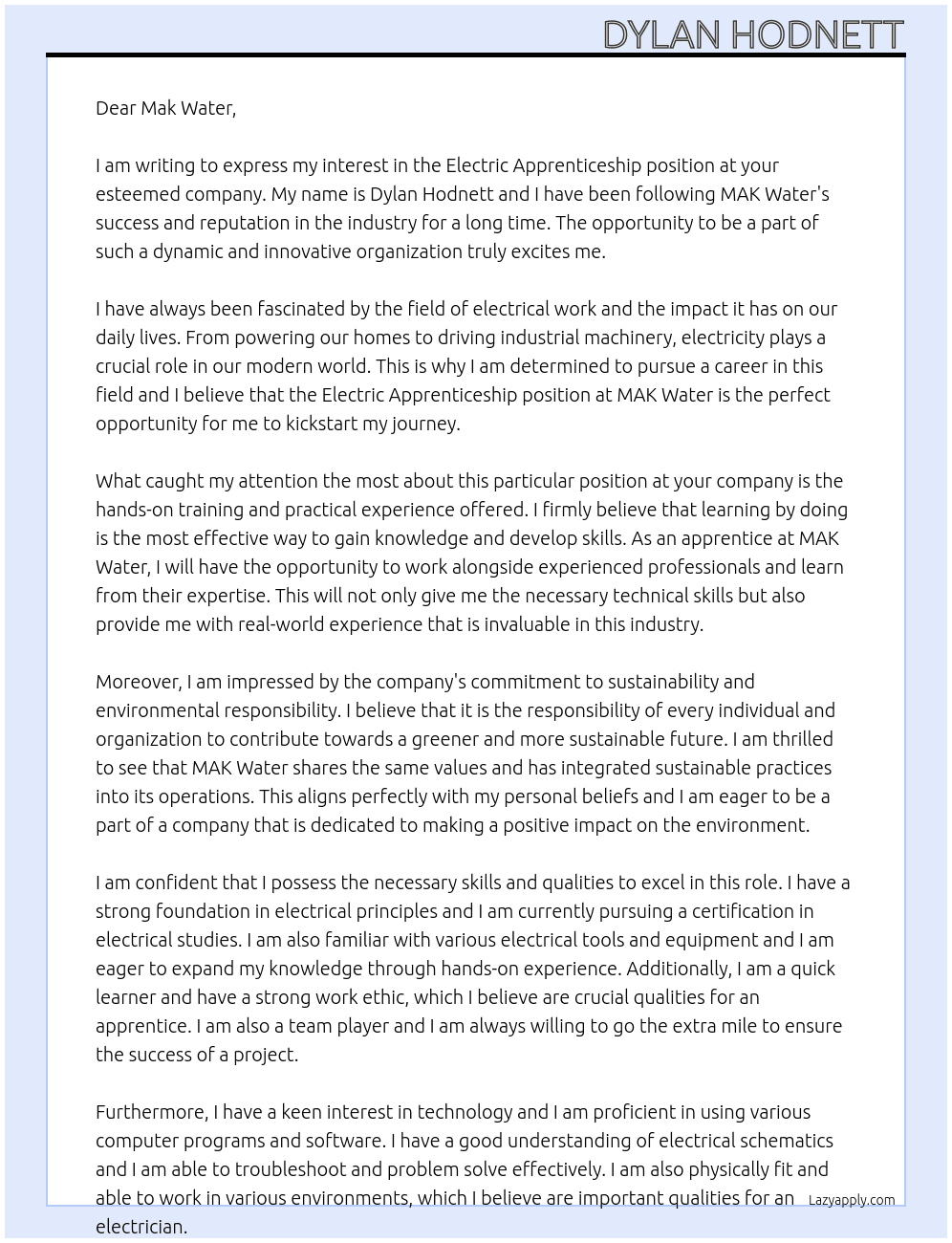 Electric Apprenticeship At MAK Water Cover Letter