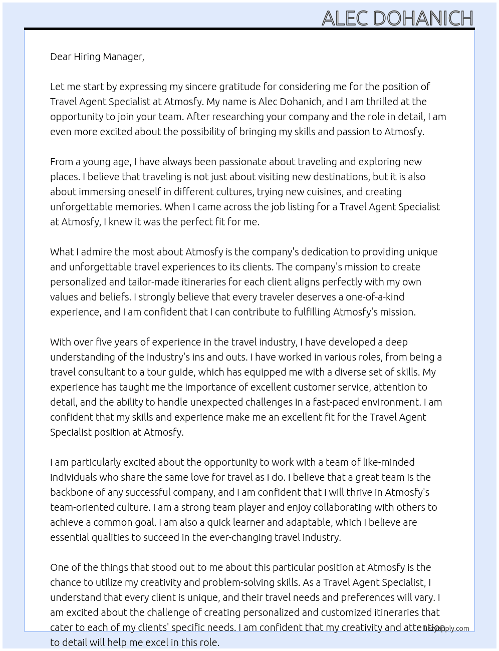 Travel Agent Specialist At Atmosfy Cover Letter