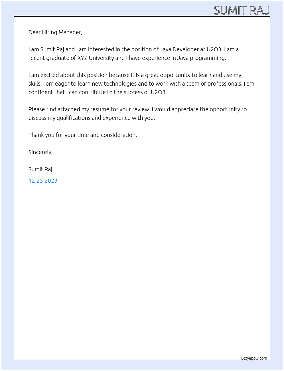 java developer At U2O3 Cover Letter