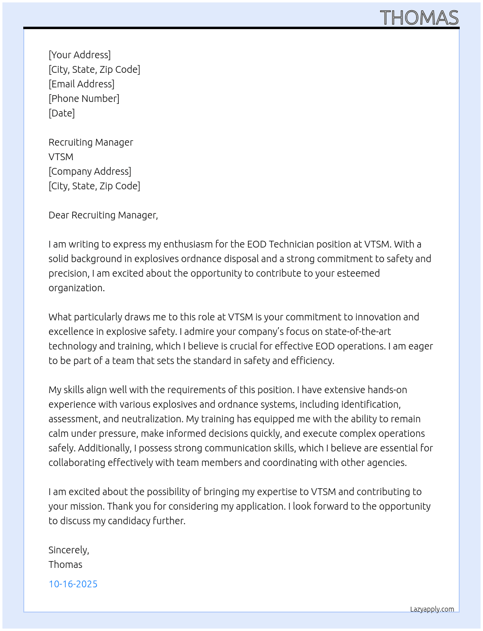 EOD technician At VTSM  Cover Letter