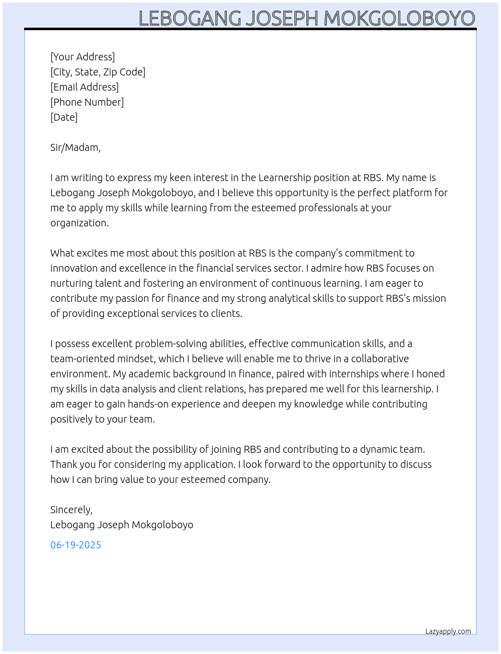 Learnership At RBS Cover Letter