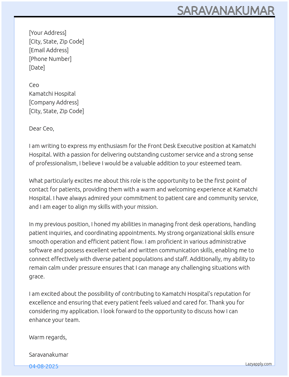 front desk executive At Kamatchi hospital Cover Letter