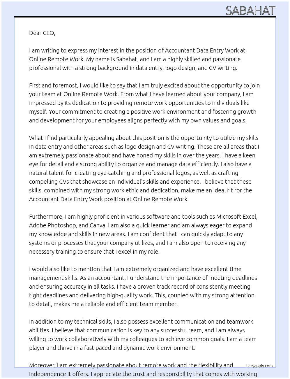 Accountant data entry work At Online remote work Cover Letter