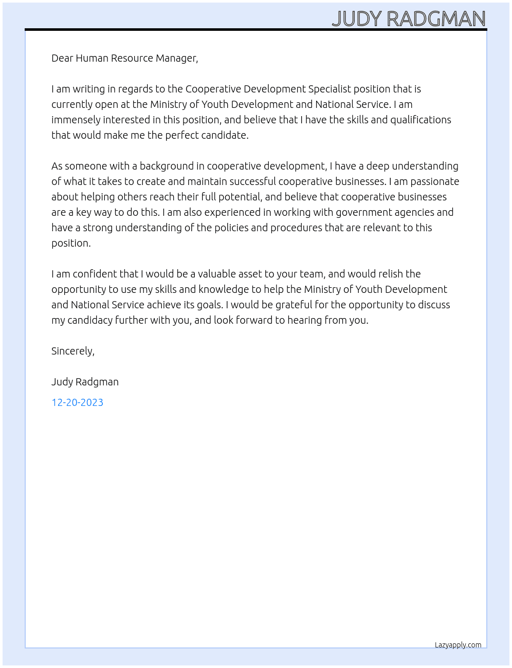 Cooperative development specialist At Ministry of Youth Development and National Service Cover Letter