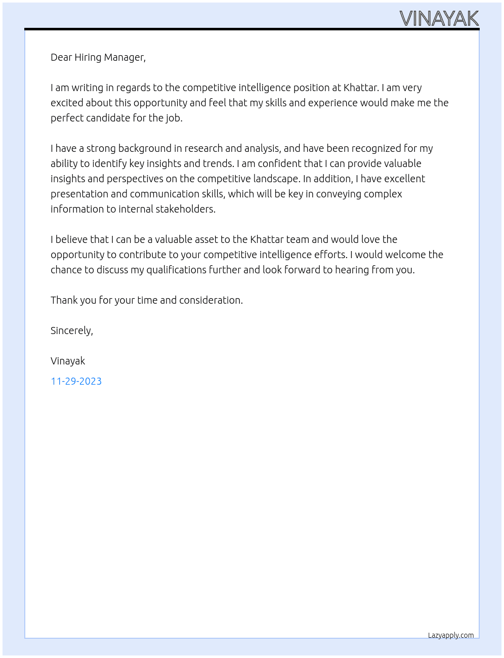 Competitive intelligence At Khattar Cover Letter