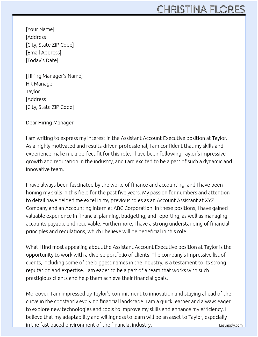 Assistant Account Executive At Taylor Cover Letter