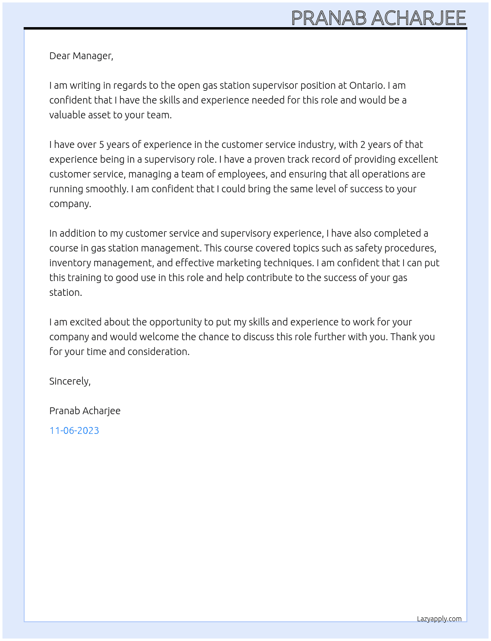 gas station supervisor At ontario Cover Letter