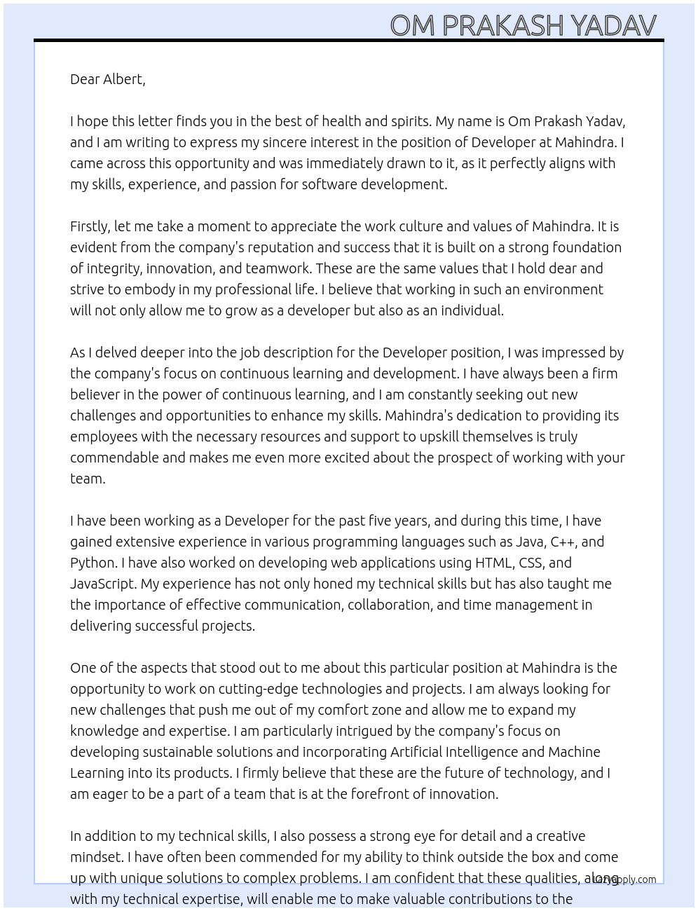 Developer At Mahindra Cover Letter