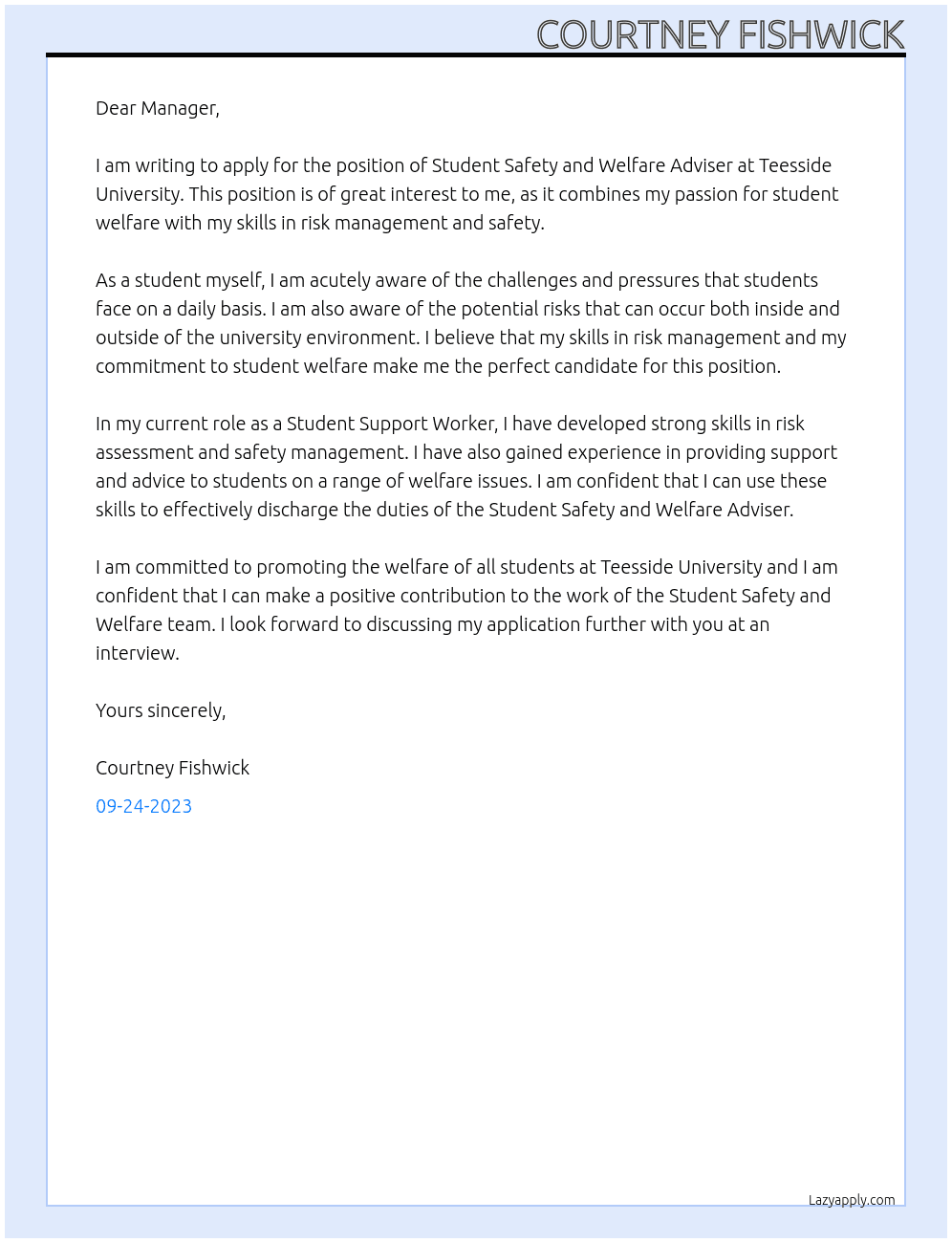 Student Safety and Welfare Adviser At Teesside University Cover Letter