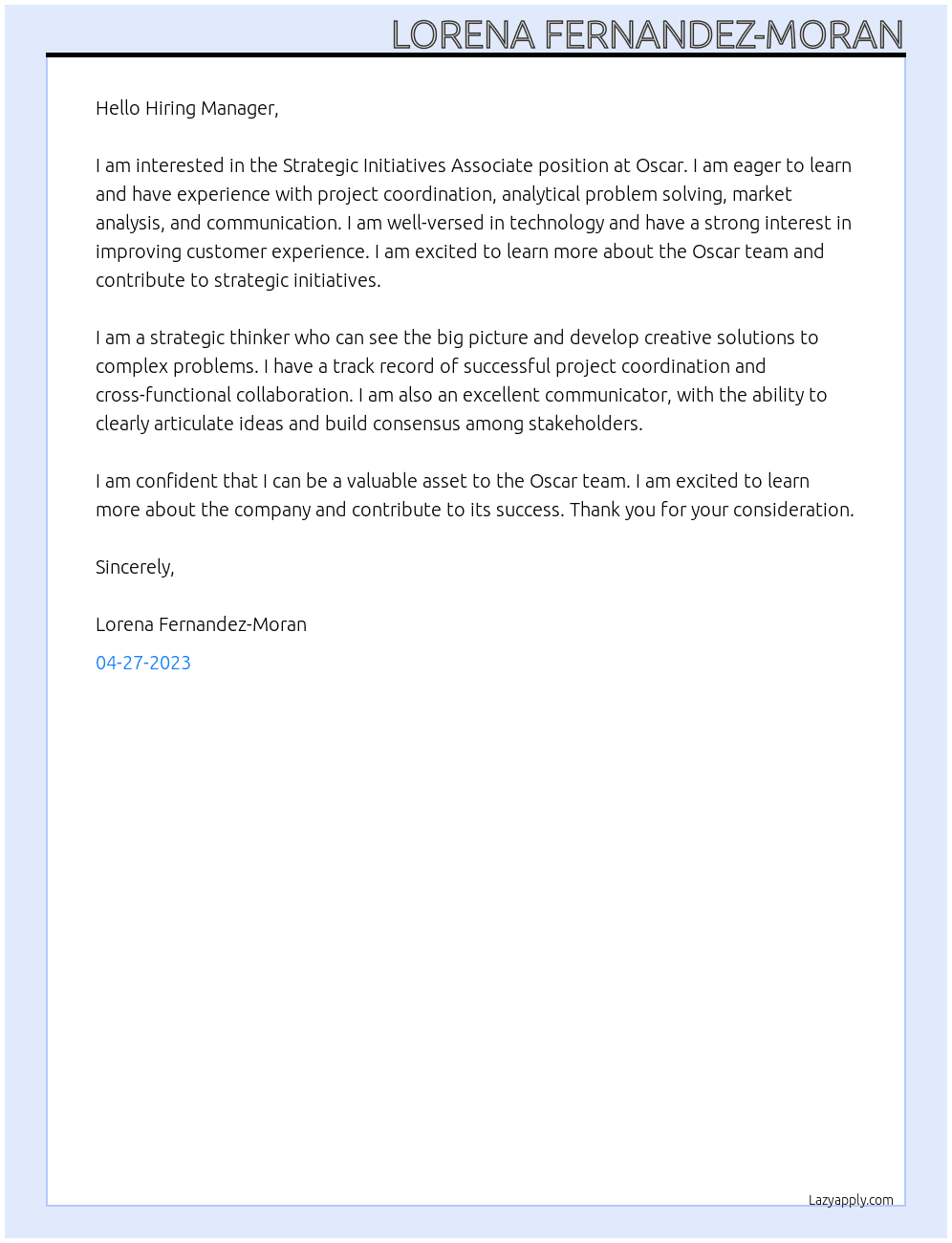 Strategic Initiatives Associate At Oscar Cover Letter