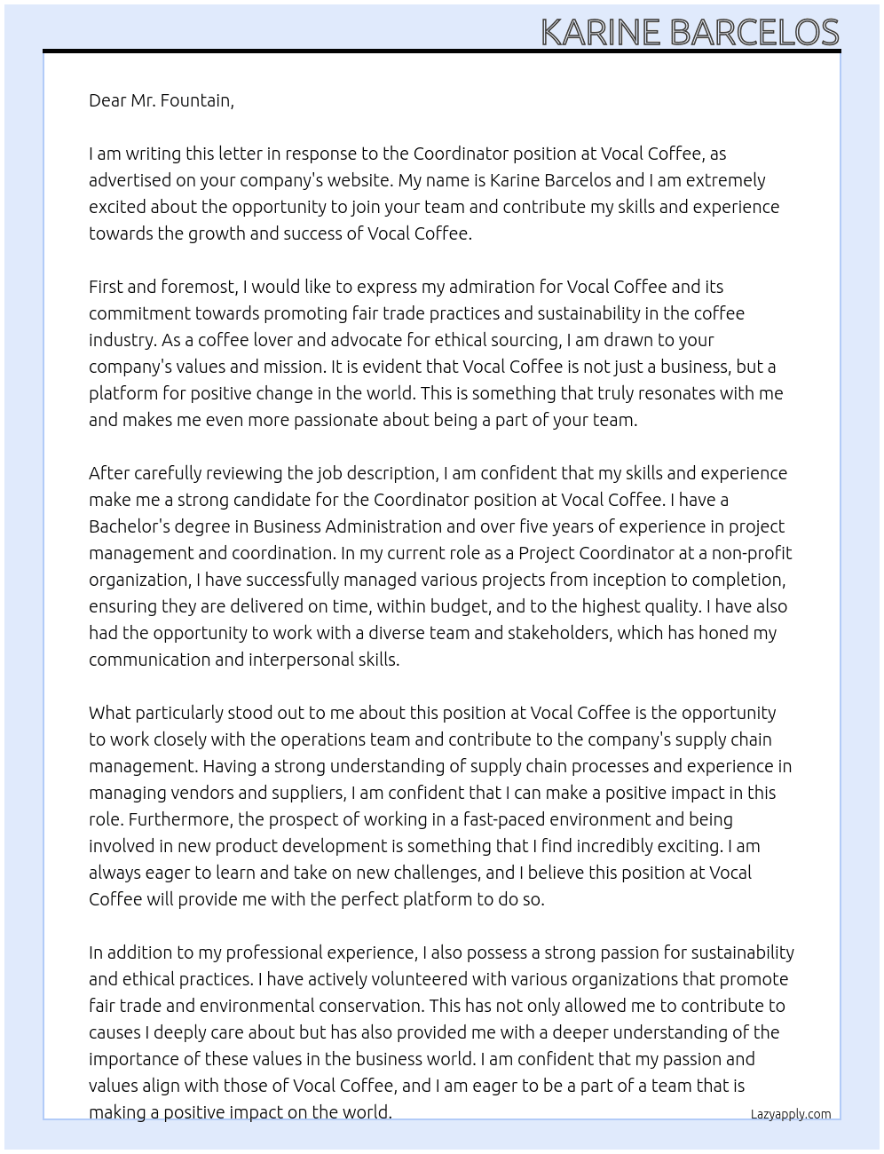 Coordinator At Vocal Coffee Cover Letter