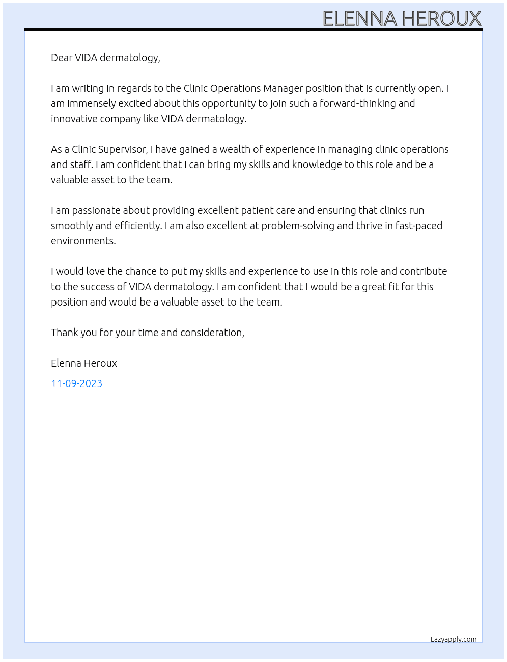 Clinic Supervisor At VIDA dermatology Cover Letter