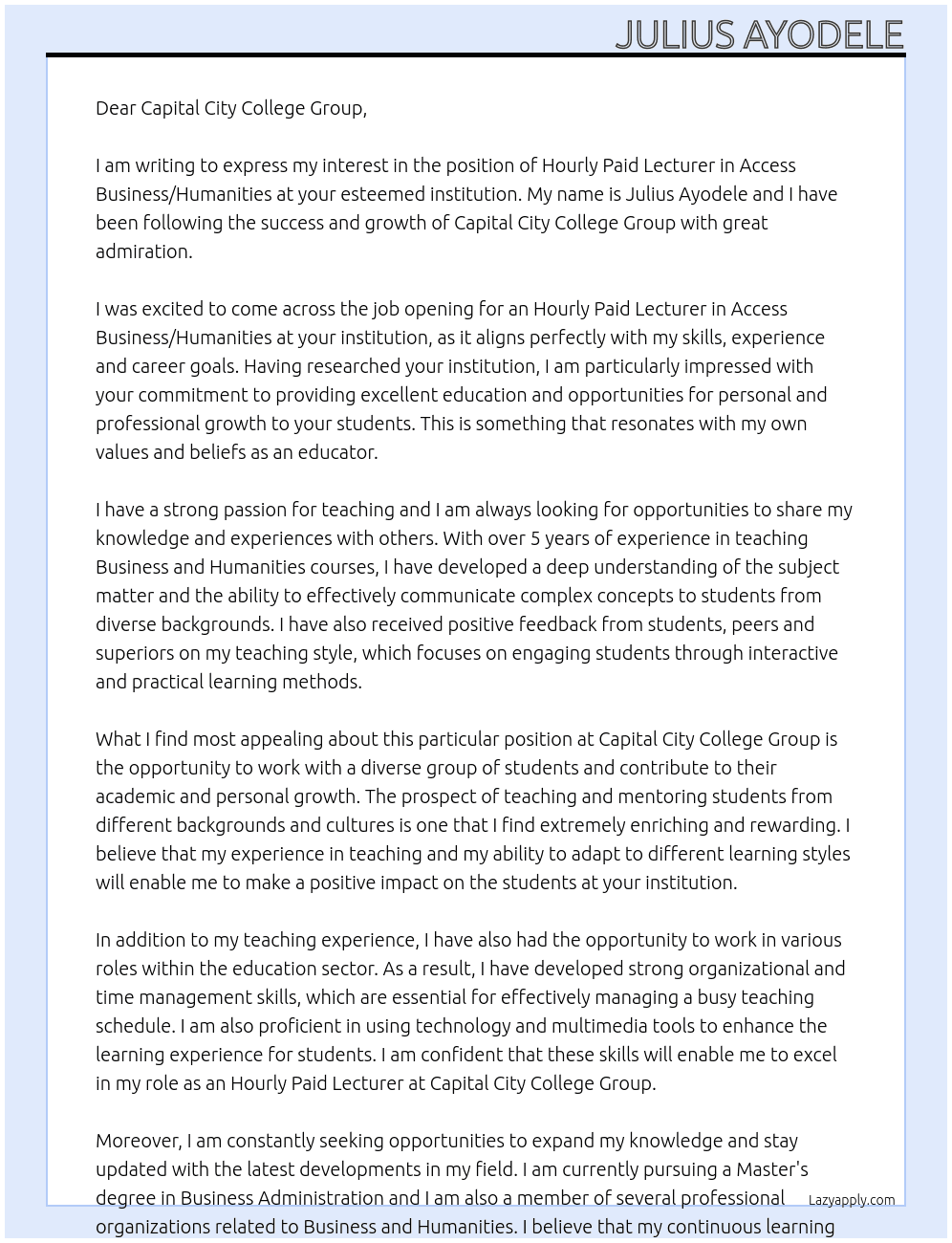 Hourly Paid Lecturer in Access Business/Humanities At Capital City College Group Cover Letter