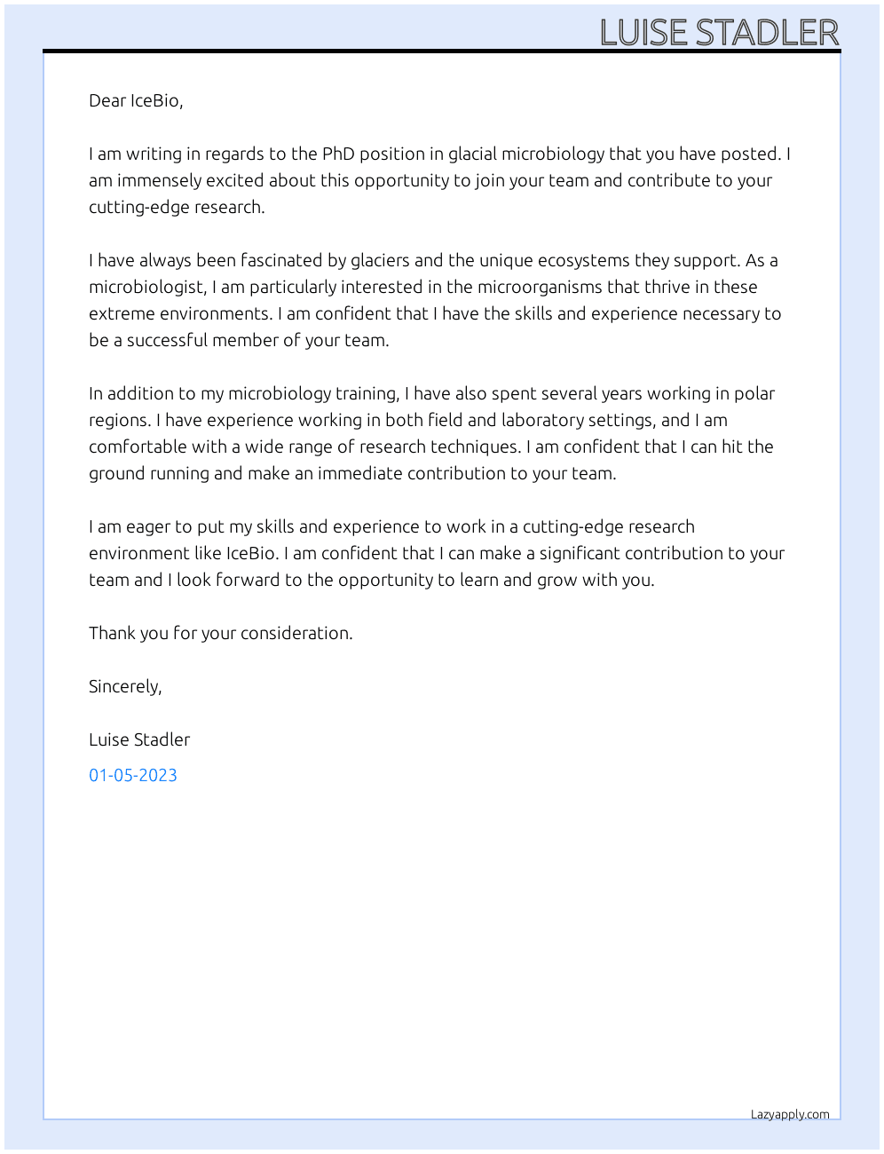 PhD position in glacial microbiology At IceBio Cover Letter