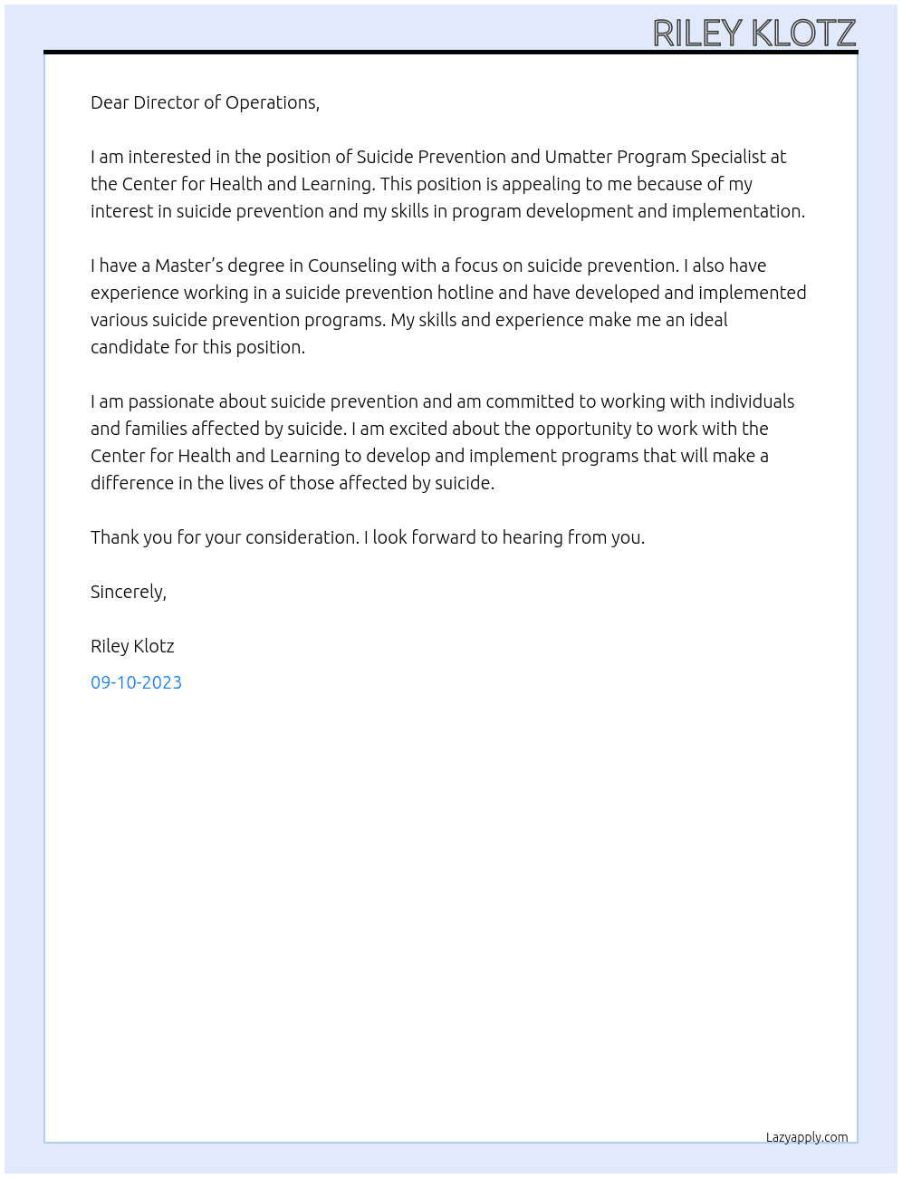 Suicide Prevention and Umatter Program Specialist At Center for Health and Learning Cover Letter