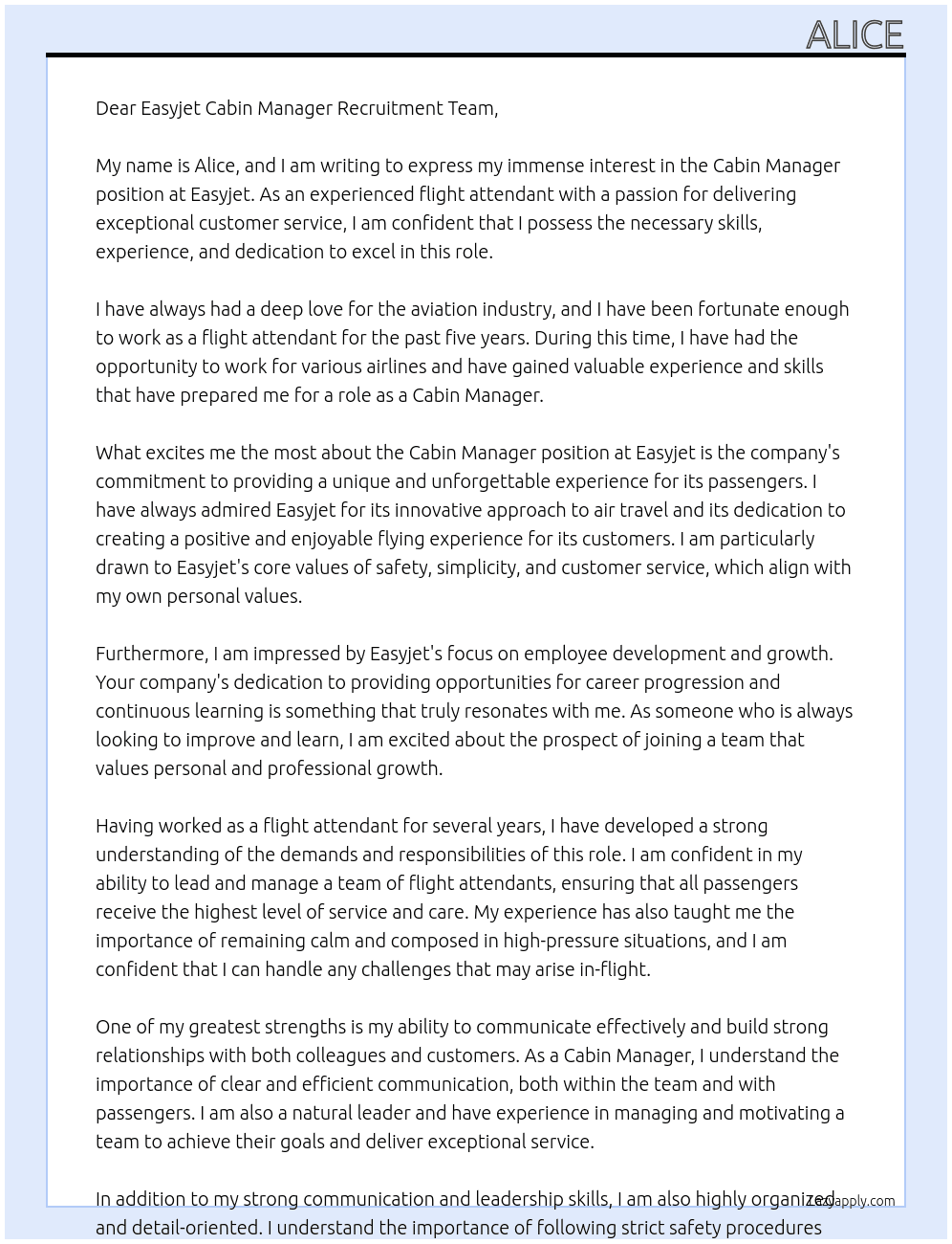 Cabin manager At Easyjet Cover Letter