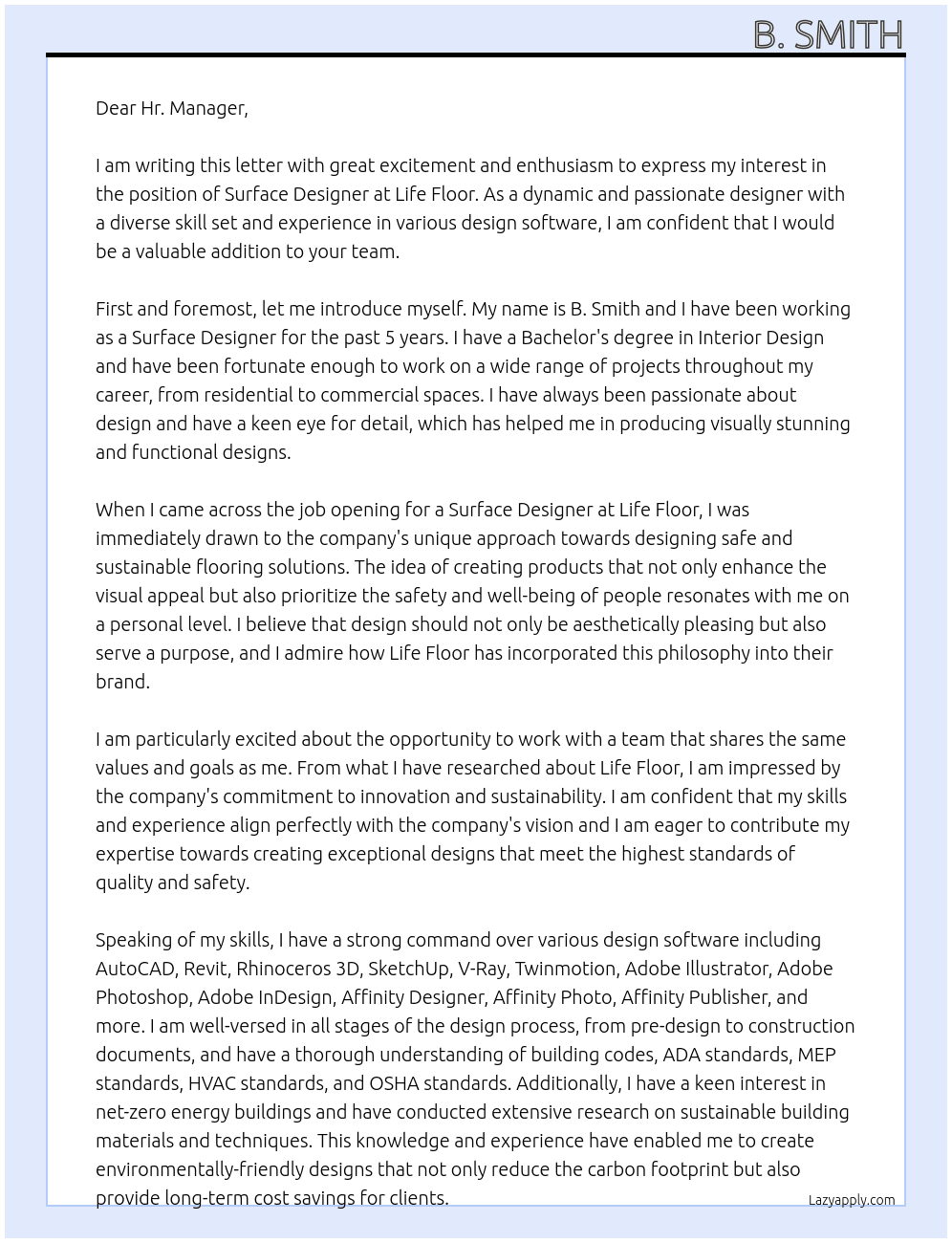 Surface Designer At Life Floor Cover Letter