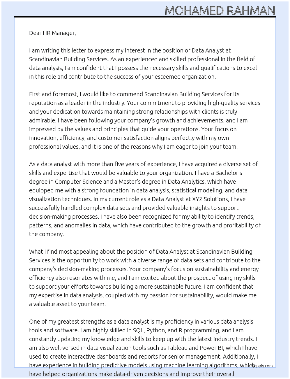 Data Analyst At Scandinavian Building Services Cover Letter