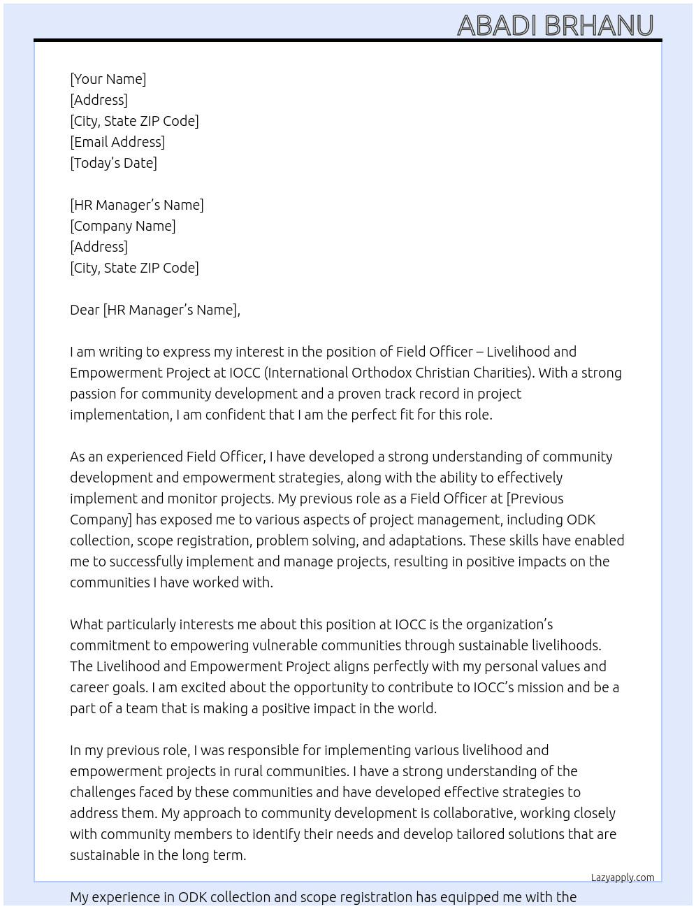 Cover letter for field officer – livelihood and empowerment project - LazyApply