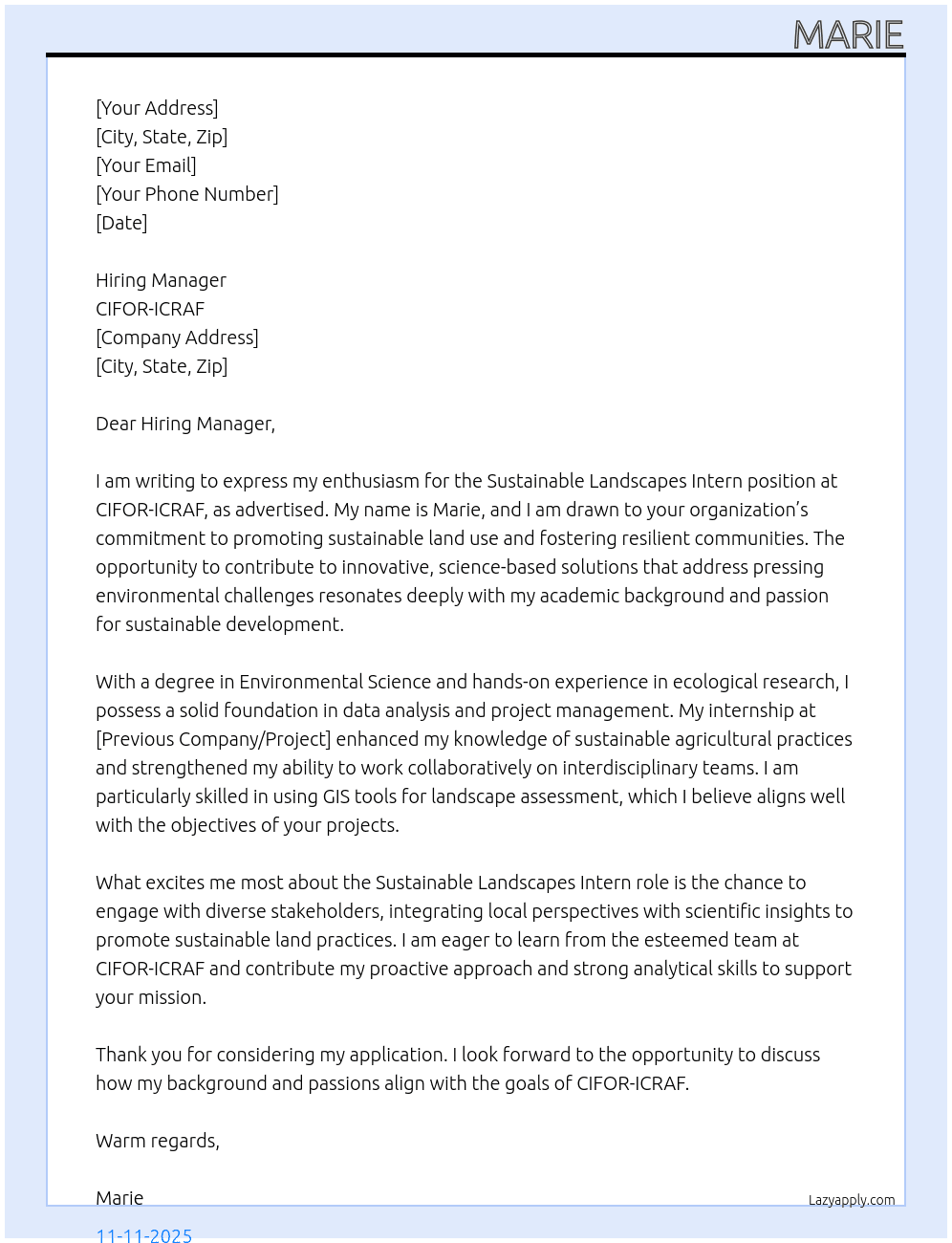 suatainable landscapes iintern At CIFOR-ICRAF Cover Letter