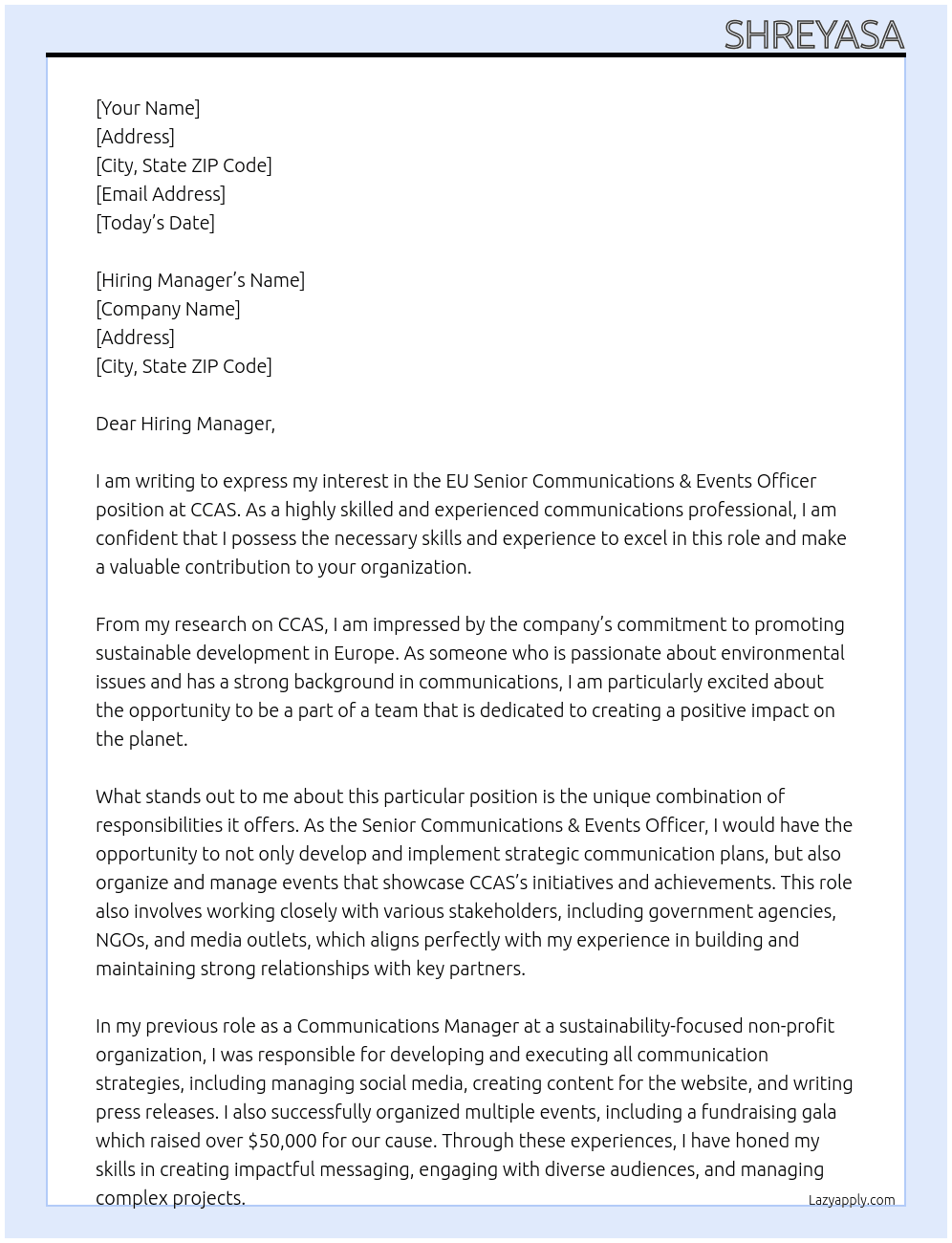 EU Senior Communications & Events Officer At CCAS Cover Letter