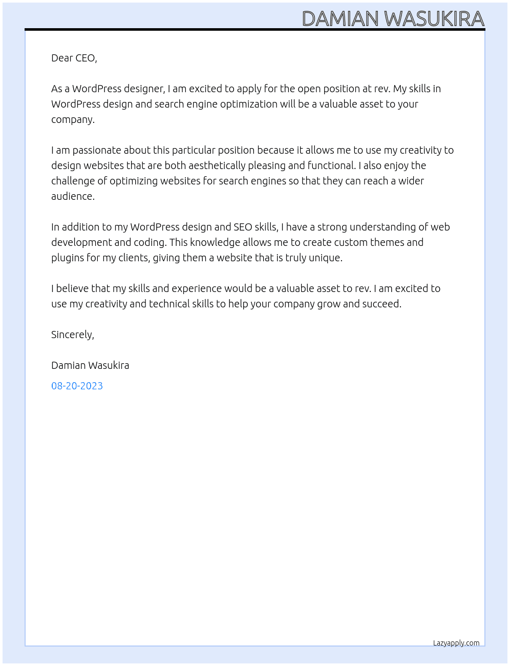 Wordpress Designer At rev Cover Letter