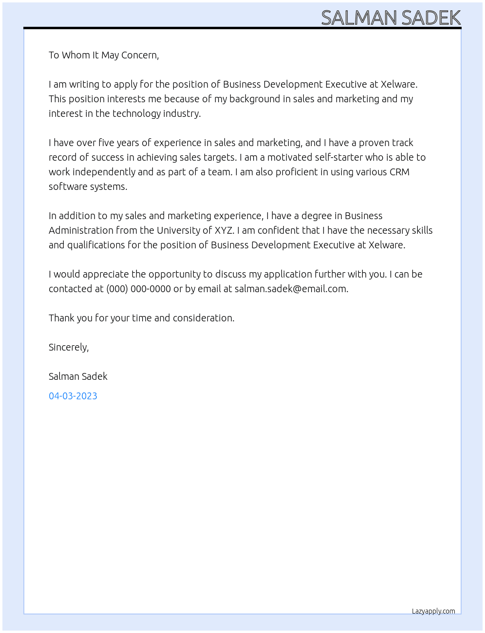 Business Development Executive  At Xelware Cover Letter
