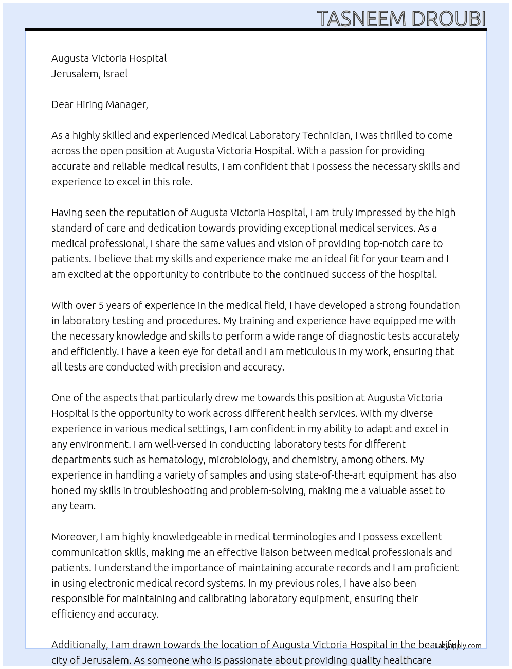 Medical laboratory technician  At Augusta Victoria Hospital Cover Letter