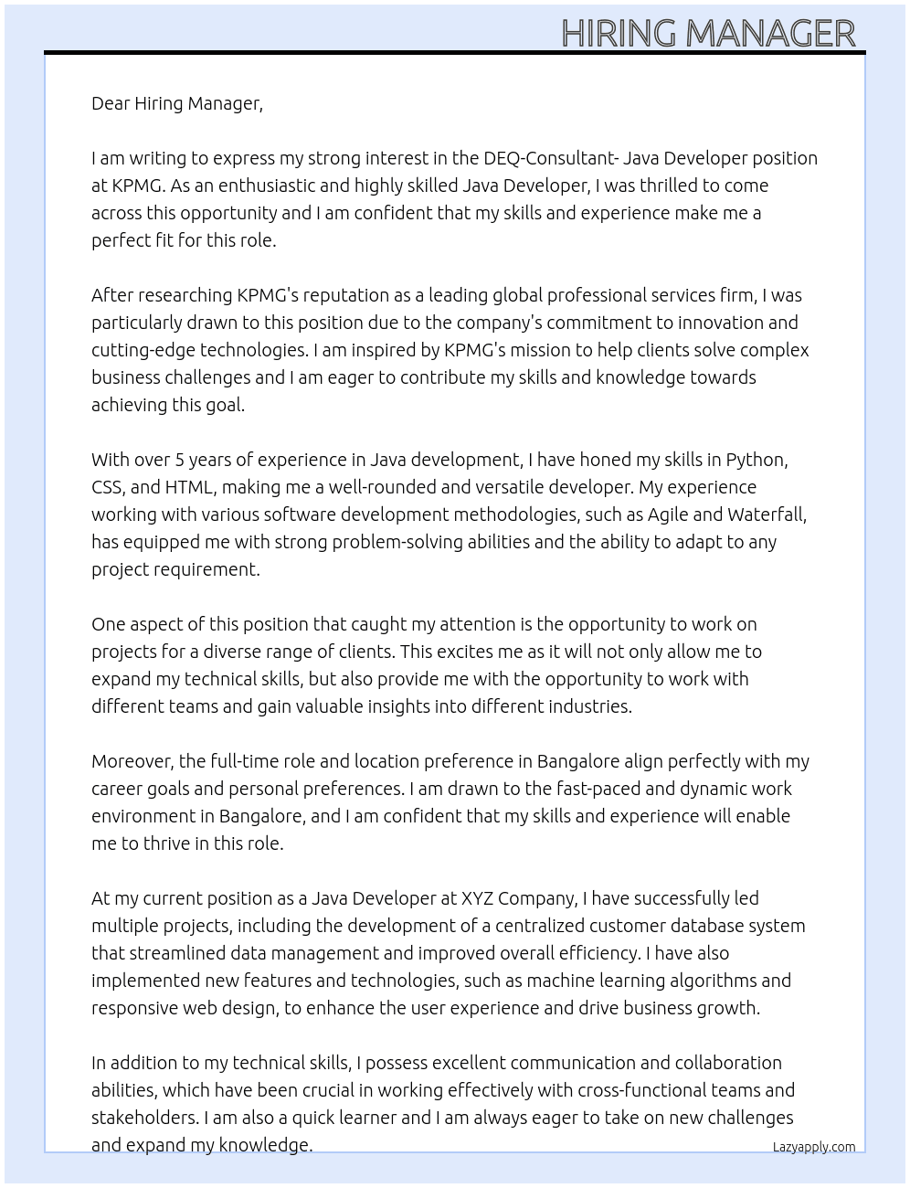 Cover letter for deq-consultant- java developer - LazyApply