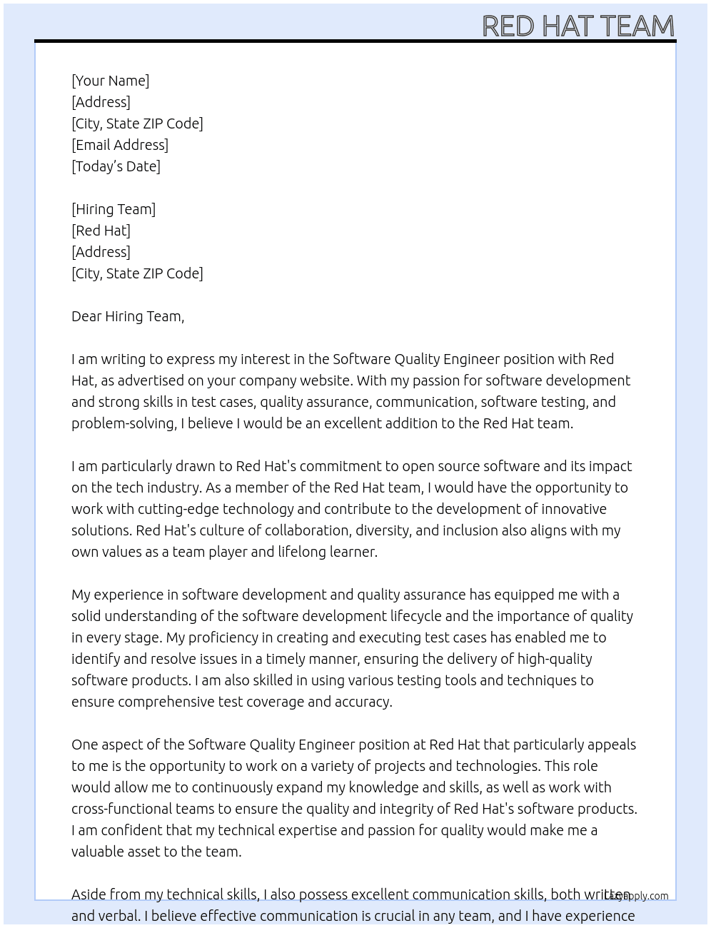 software quality engineer At red hat Cover Letter