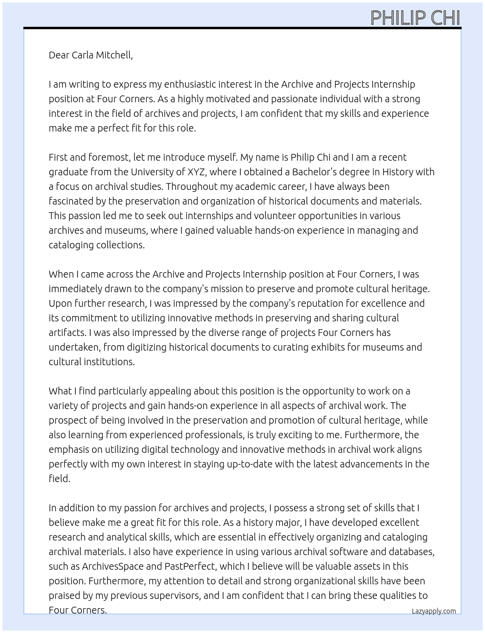 Archive and Projects Internship At Four Corners Cover Letter
