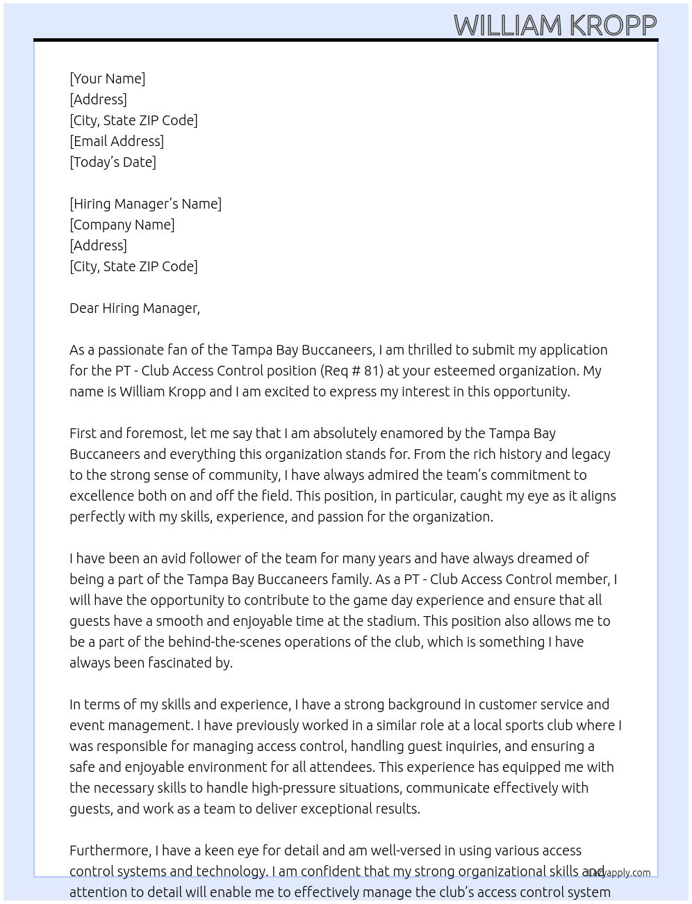 PT - Club Access Control Req # 81 At Tampa Bay Buccaneers Cover Letter