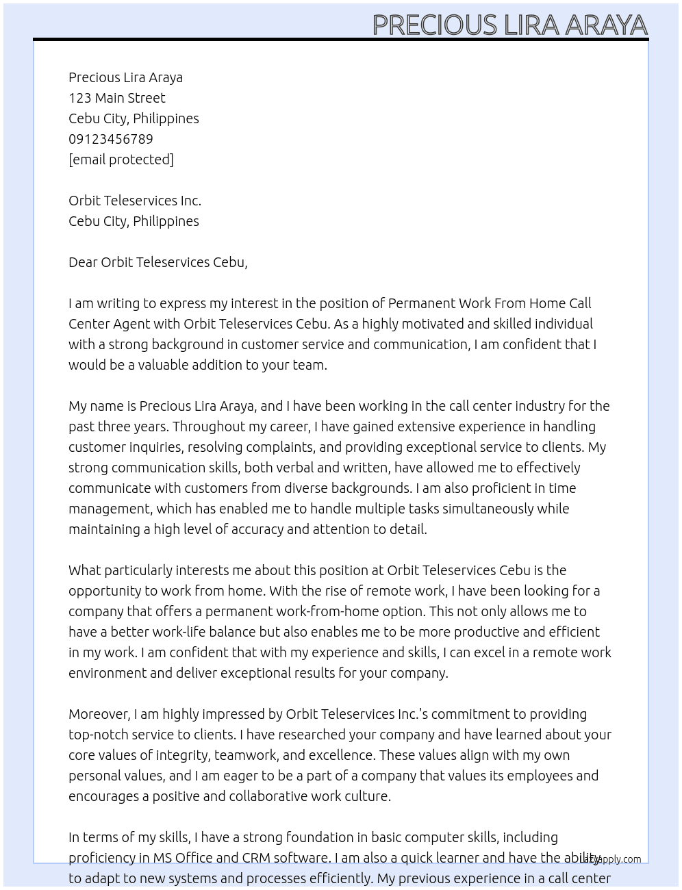 Permanent Work From Home Call Center Agent At Orbit Teleservices Inc. Cover Letter