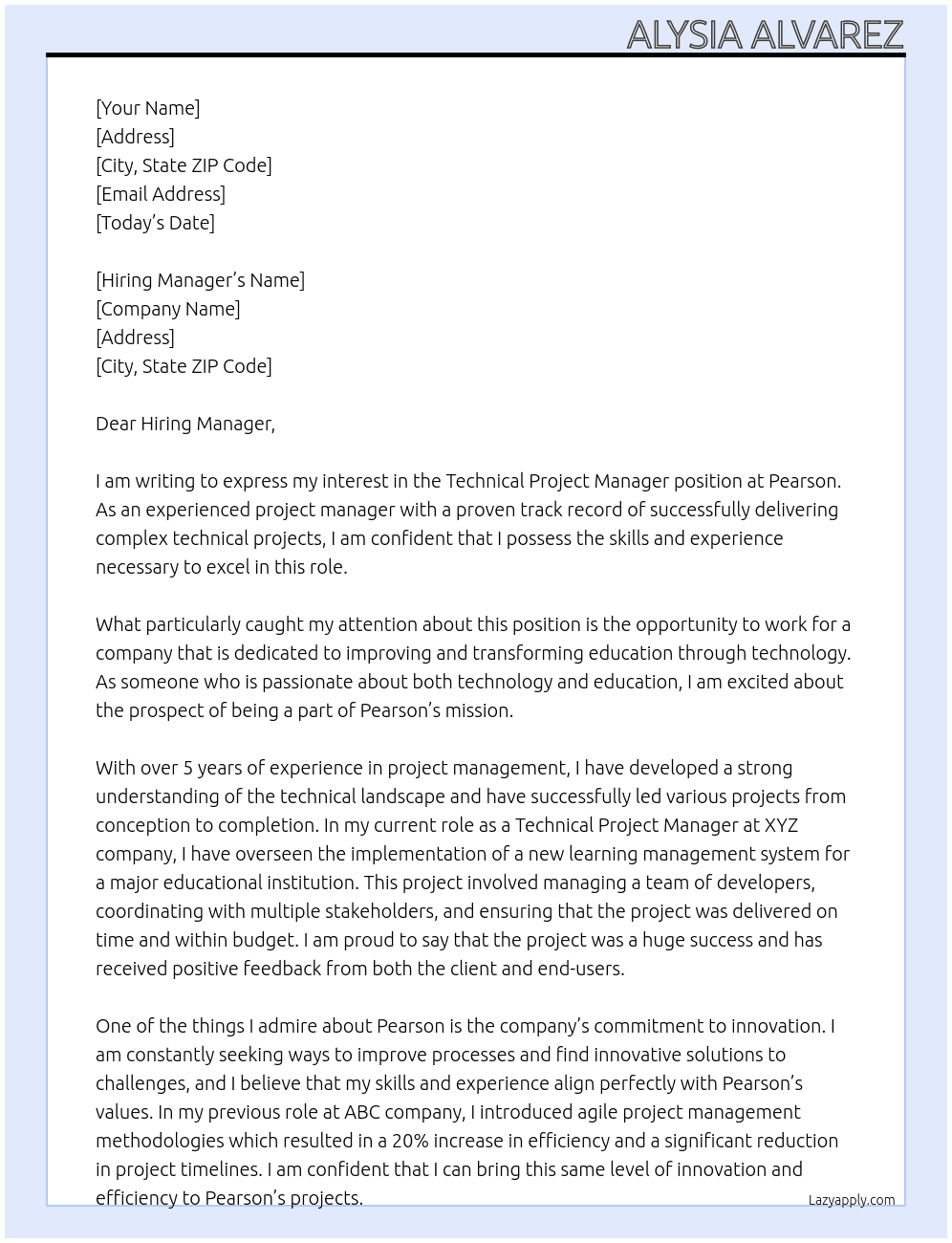 Technical Project Manager At Pearson Cover Letter