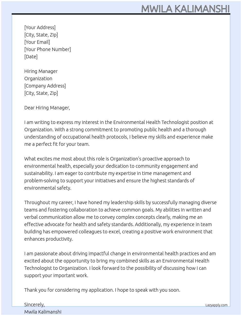 Environmental health technologist At Organization  Cover Letter