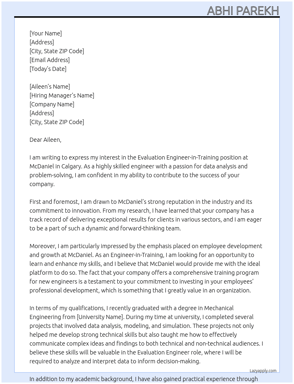Evaluation Engineer-in-Training  At McDaniel Cover Letter