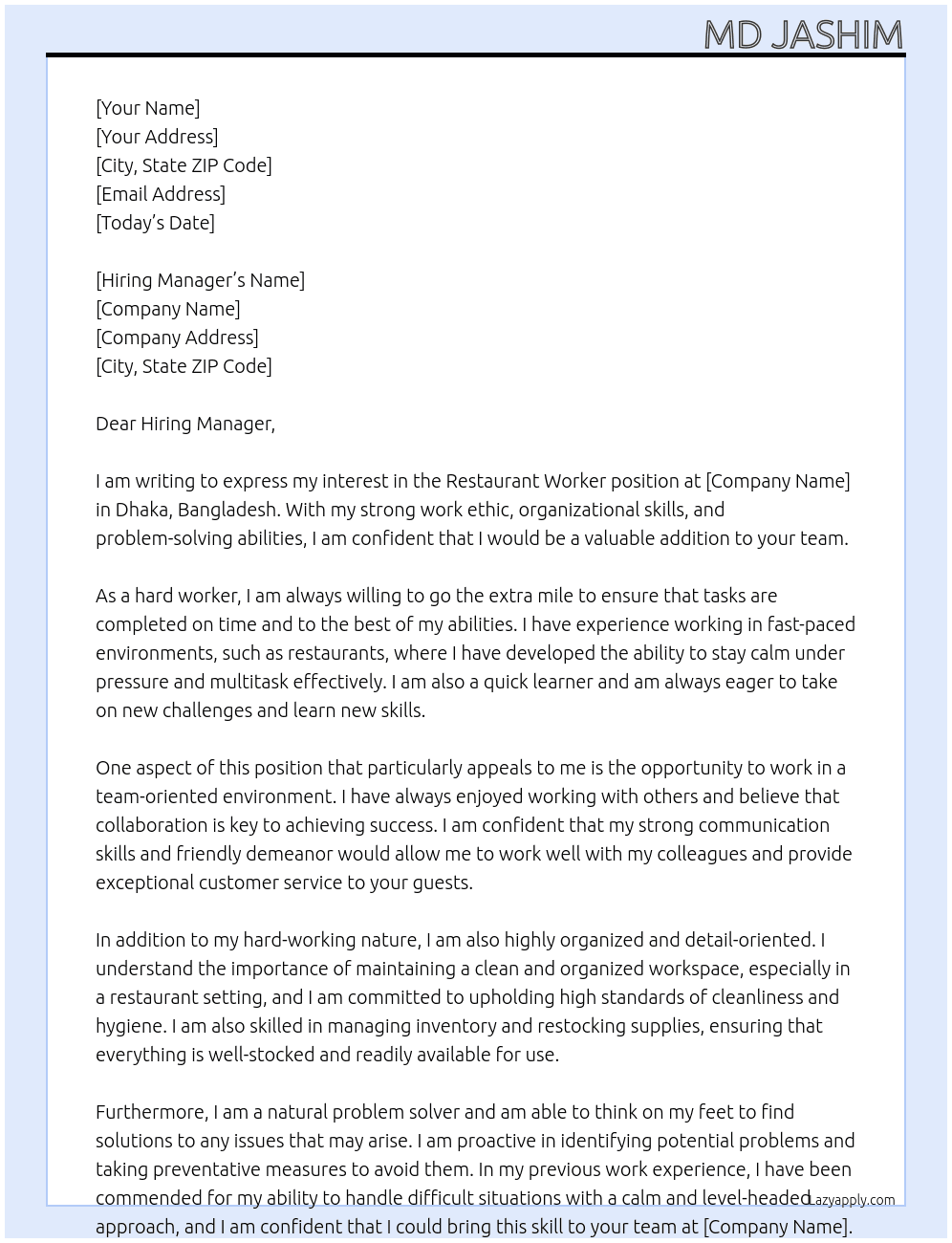 Restaurant worker At Restaurant worker Cover Letter