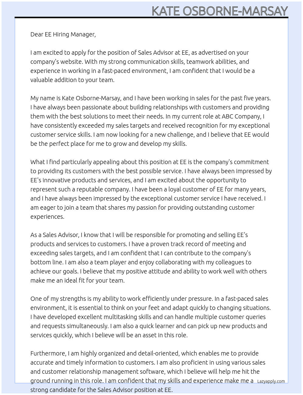 sales advisor  At EE Cover Letter