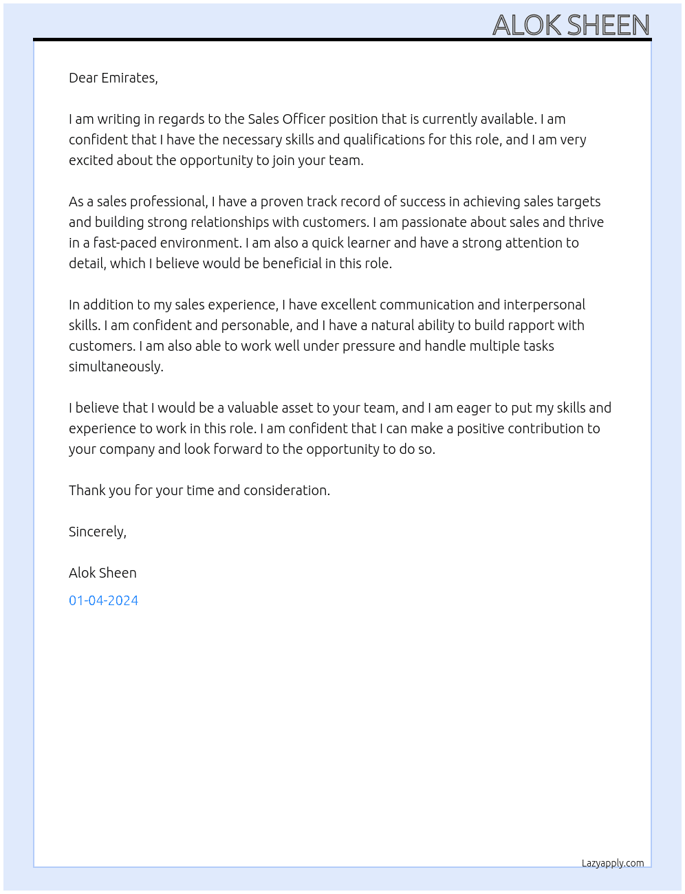 sales officer At emirates Cover Letter