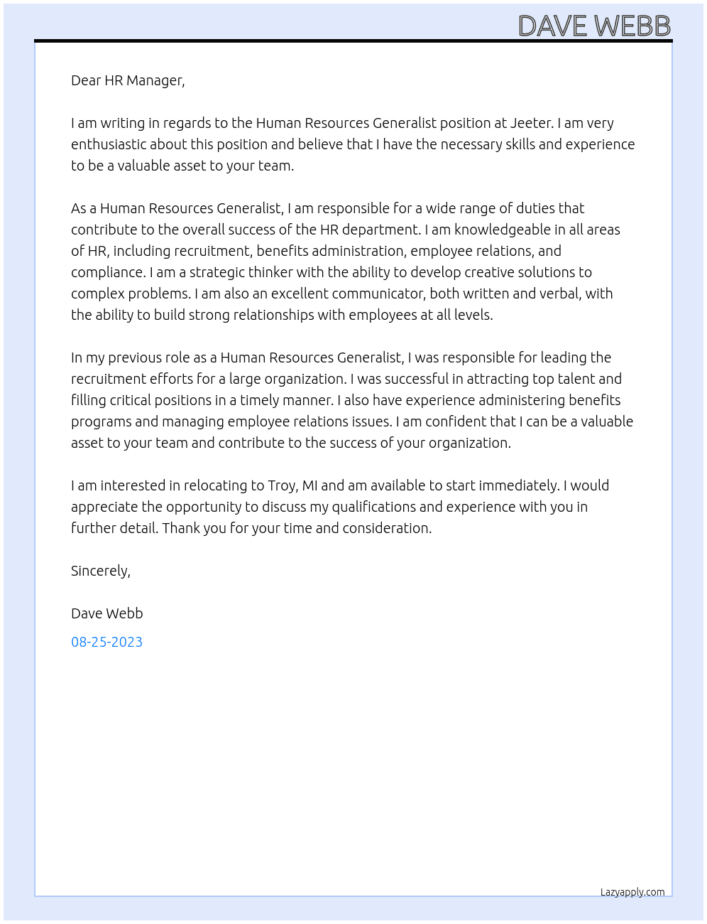 Human Resources Generalist  At Jeeter Cover Letter