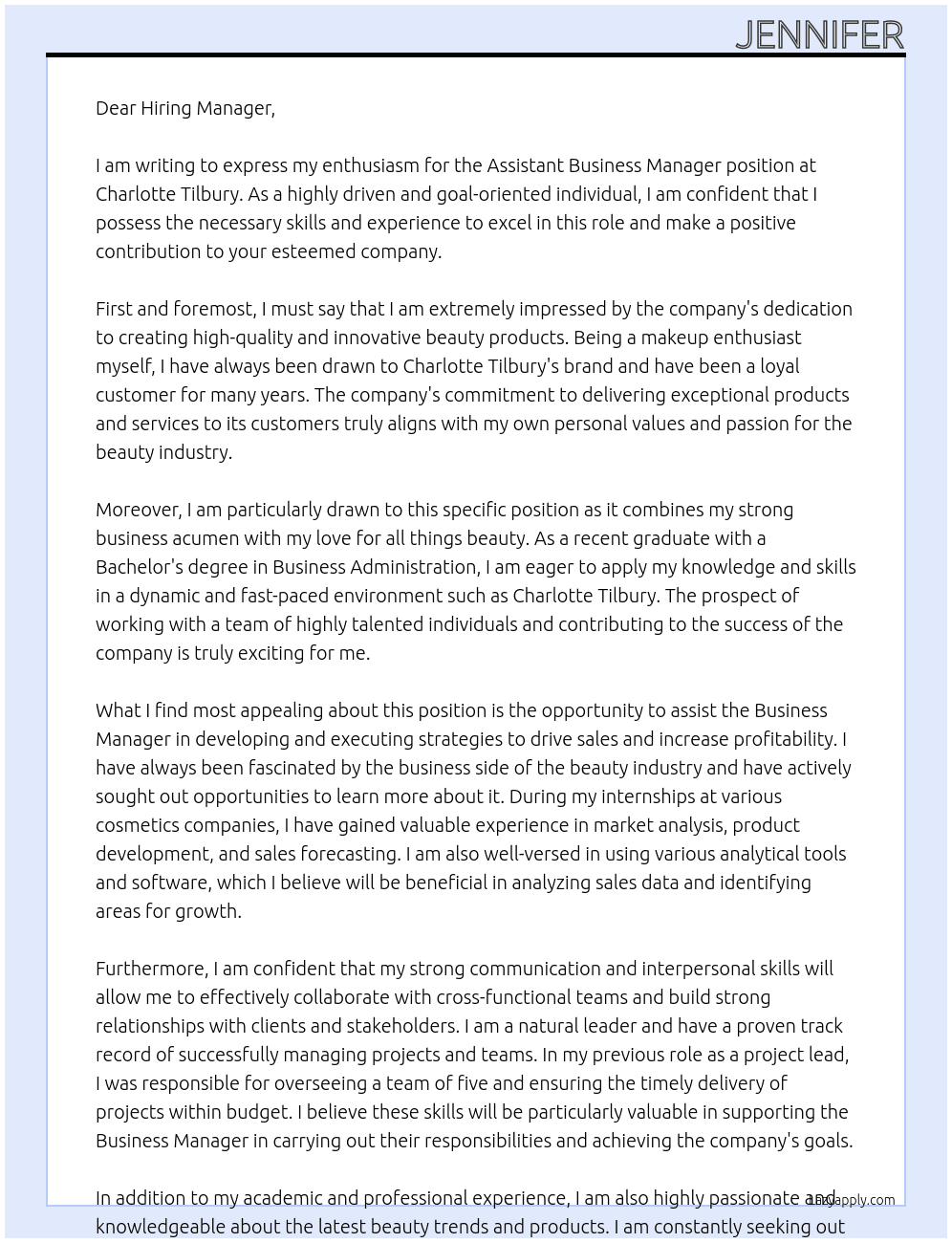 Assistant Business Manager At Charlotte Tilbury Cover Letter