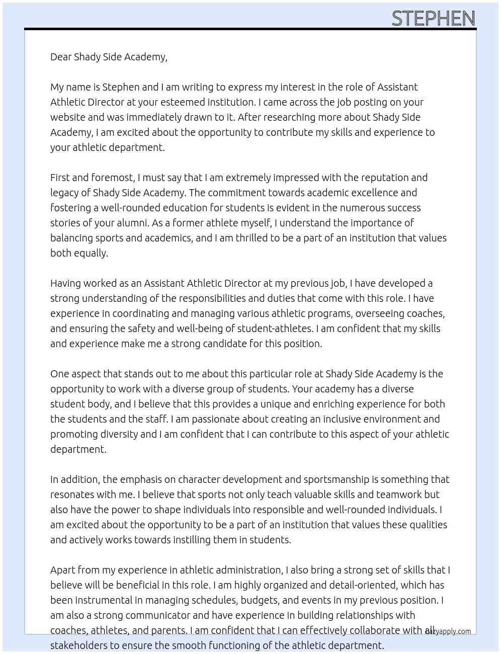 Assistant Athletic Director At Shady Side Academy  Cover Letter