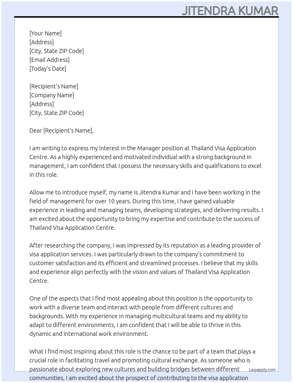 manager At thailand visa application centre Cover Letter