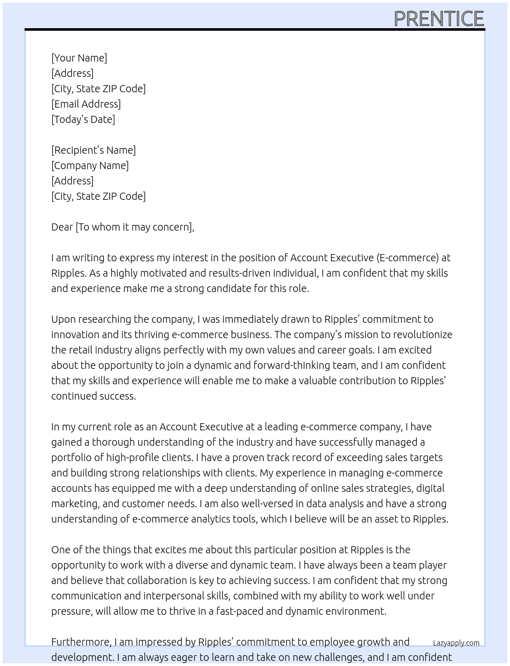 Account Executive (E-commerce) At Ripples Cover Letter