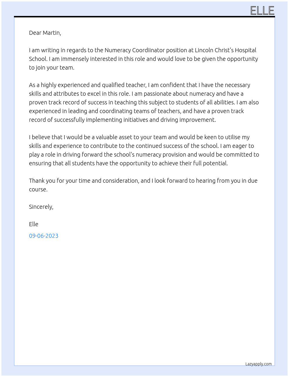 Numeracy Coordiinator At Lincoln Christ's Hospital School Cover Letter
