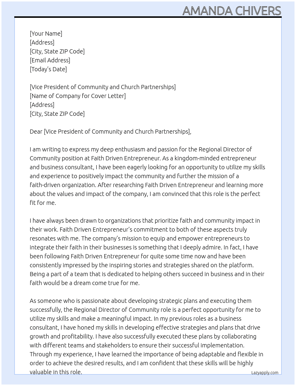 Regional Director of Community  At Faith Driven Entrepreneur Cover Letter
