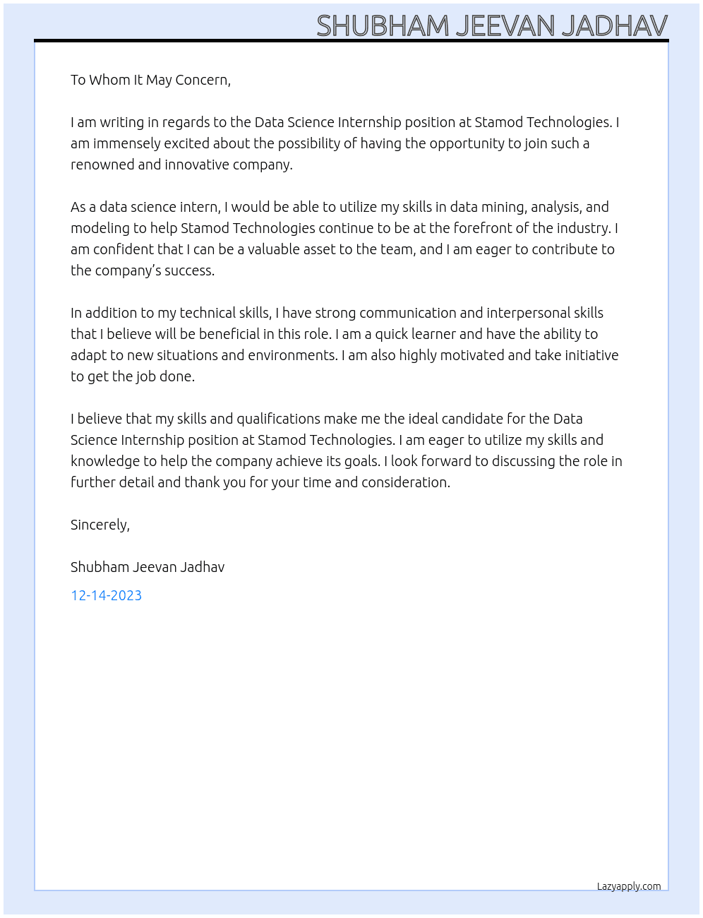 data science intership At Stamod Technologies Cover Letter