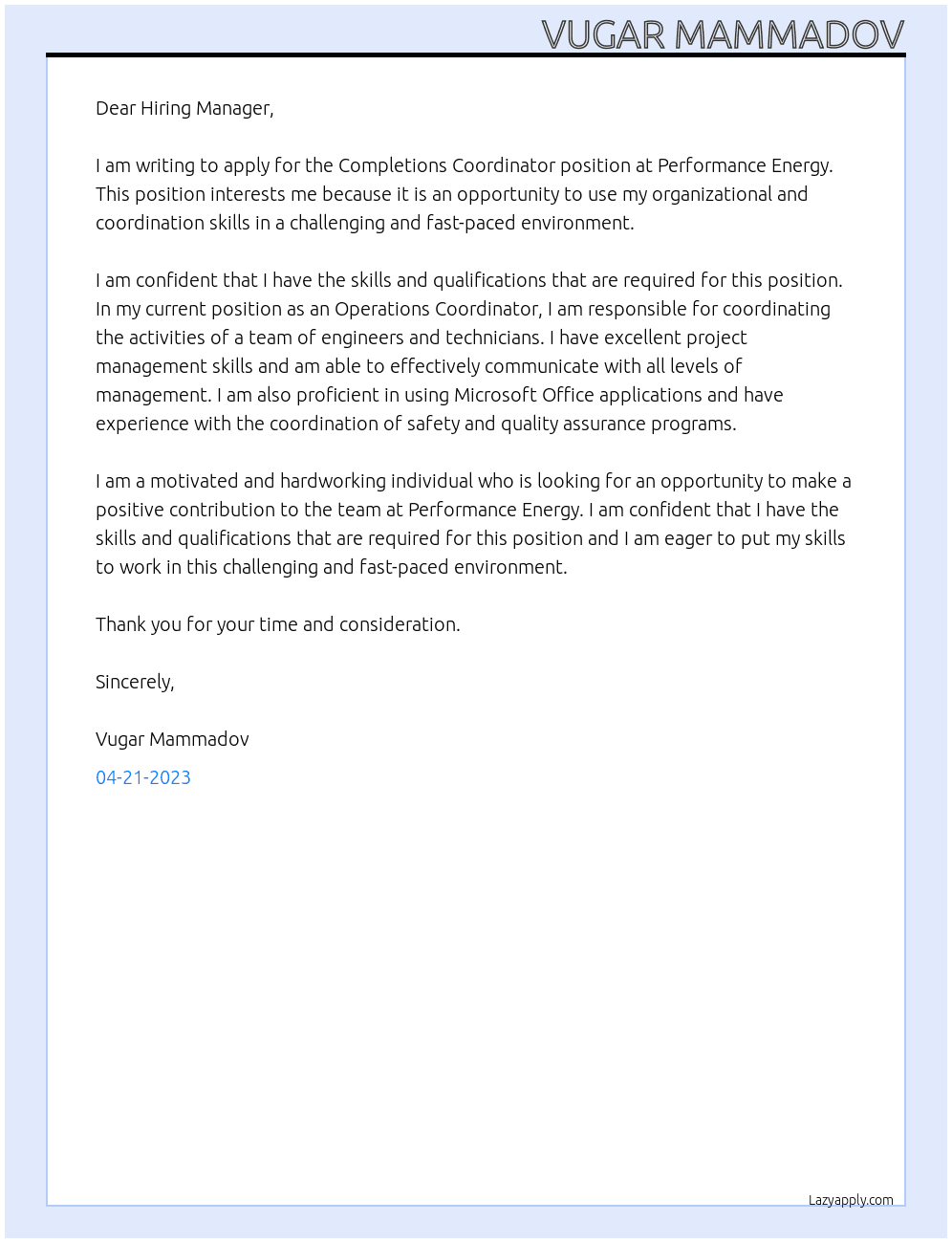 Completions Coordinator At Performance Energy Cover Letter