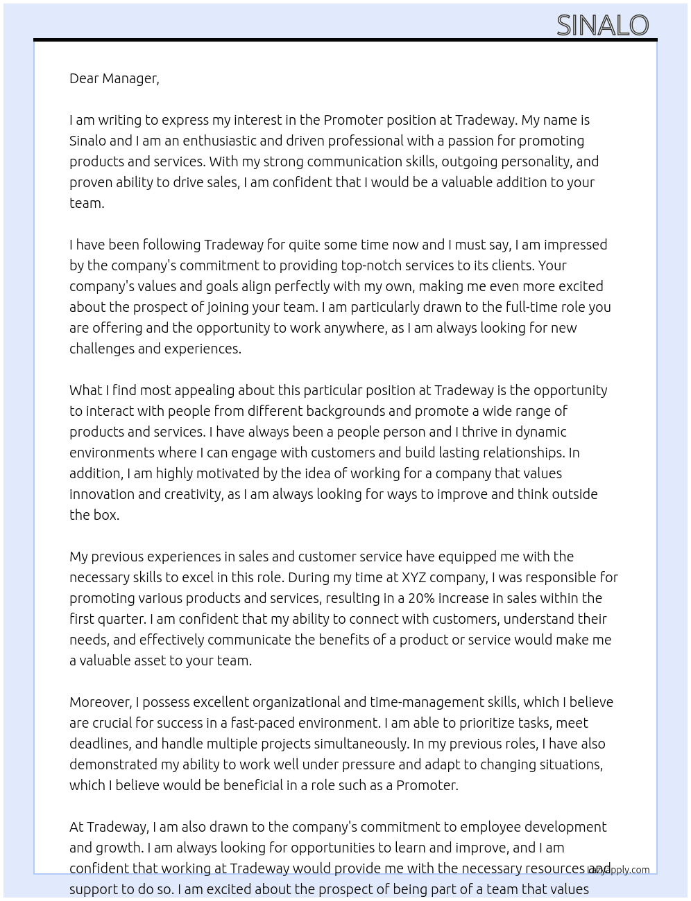Promoter  At Tradeway  Cover Letter